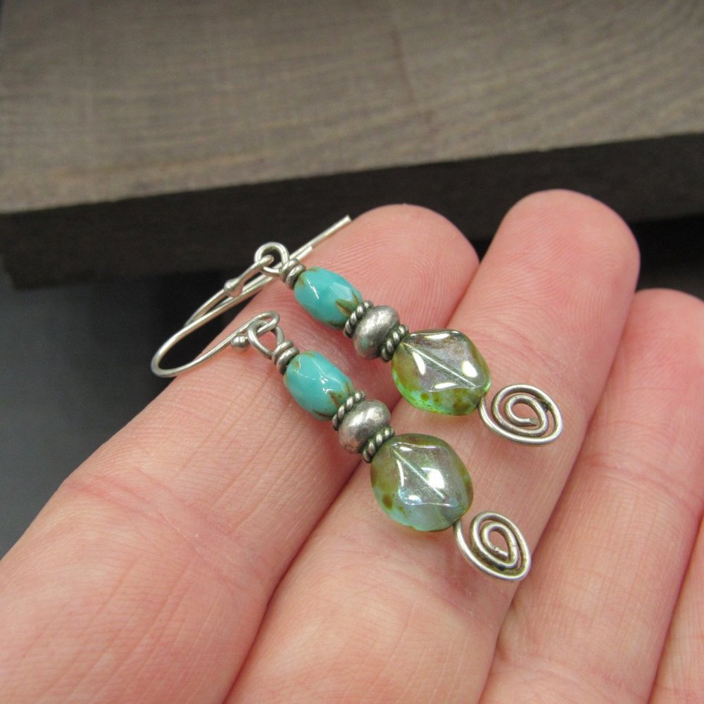 Sterling Silver Swirling Odd Stone Rustic Earrings - Picture 2 of 4